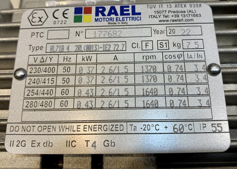 پلاک الکتروموتور ۰.۳۷ کیلووات ۱۵۰۰ دور سه‌فاز ضد انفجار (Ex) RAEL