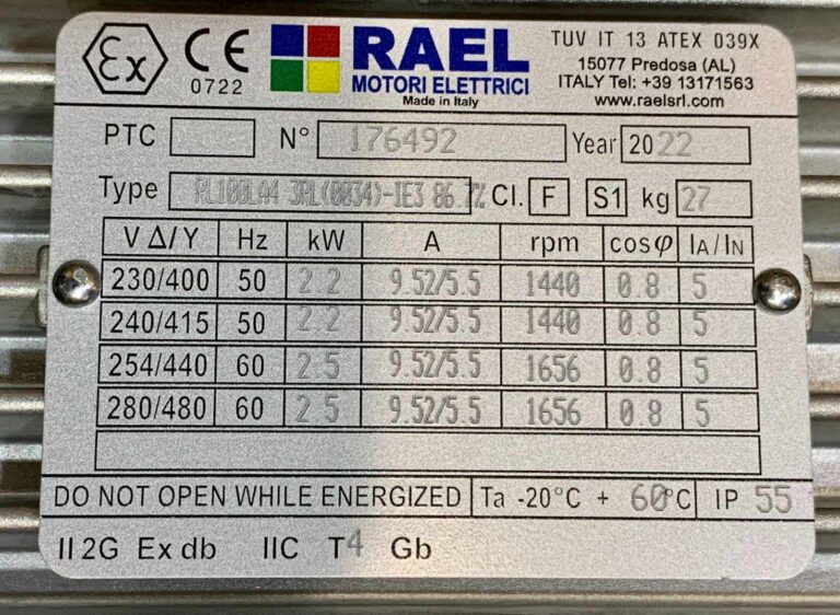 الکتروموتور ۲.۲ کیلووات ۱۵۰۰ دور سه‌فاز ضد انفجار (Ex) RAEL