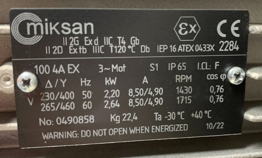 پلاک الکتروموتور ۲.۲ کیلووات ۱۵۰۰ دور سه‌فاز ضد انفجار (Ex) Miksan